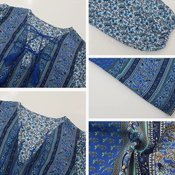 Blue Boho‎ Tassel Floral Printed Tie V-Neck Loose Flowy Long Sleeve Top Blouse - Picture 4 of 6
